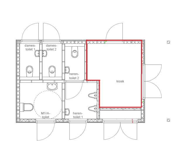 Plattegrond met toiletten en ruimte van de kiosk