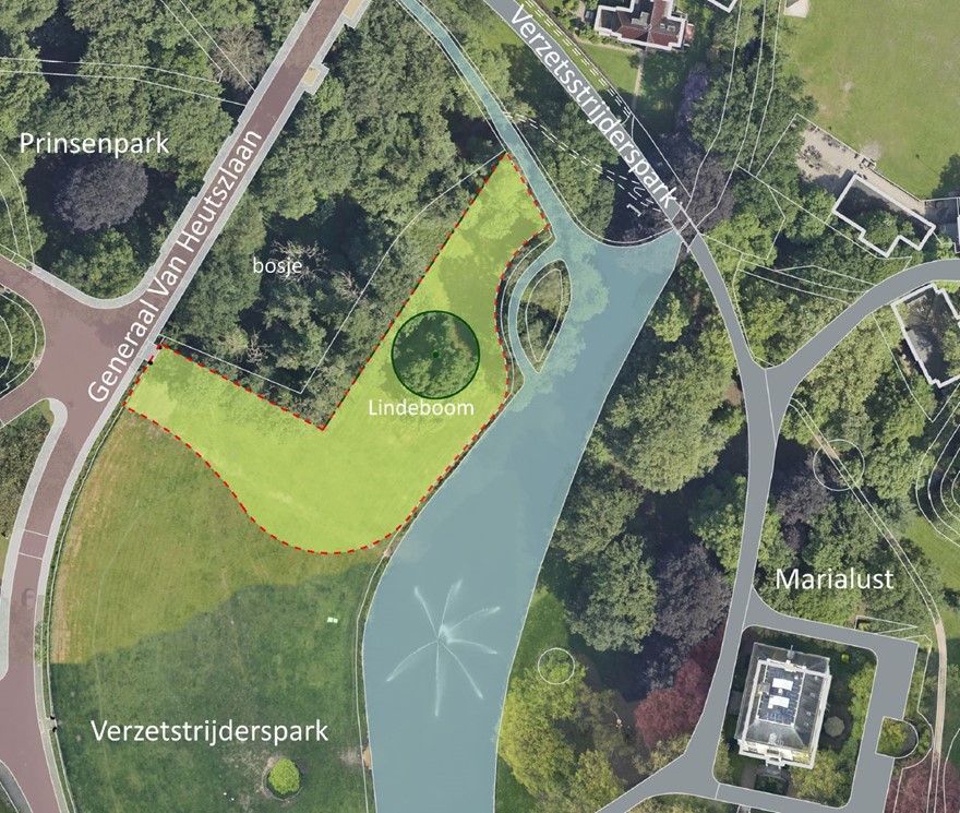 De beoogde speelplek in het verzetsstrijderspark ligt Tussen de vijver en het bosje aan de Generaal van Heutszlaan